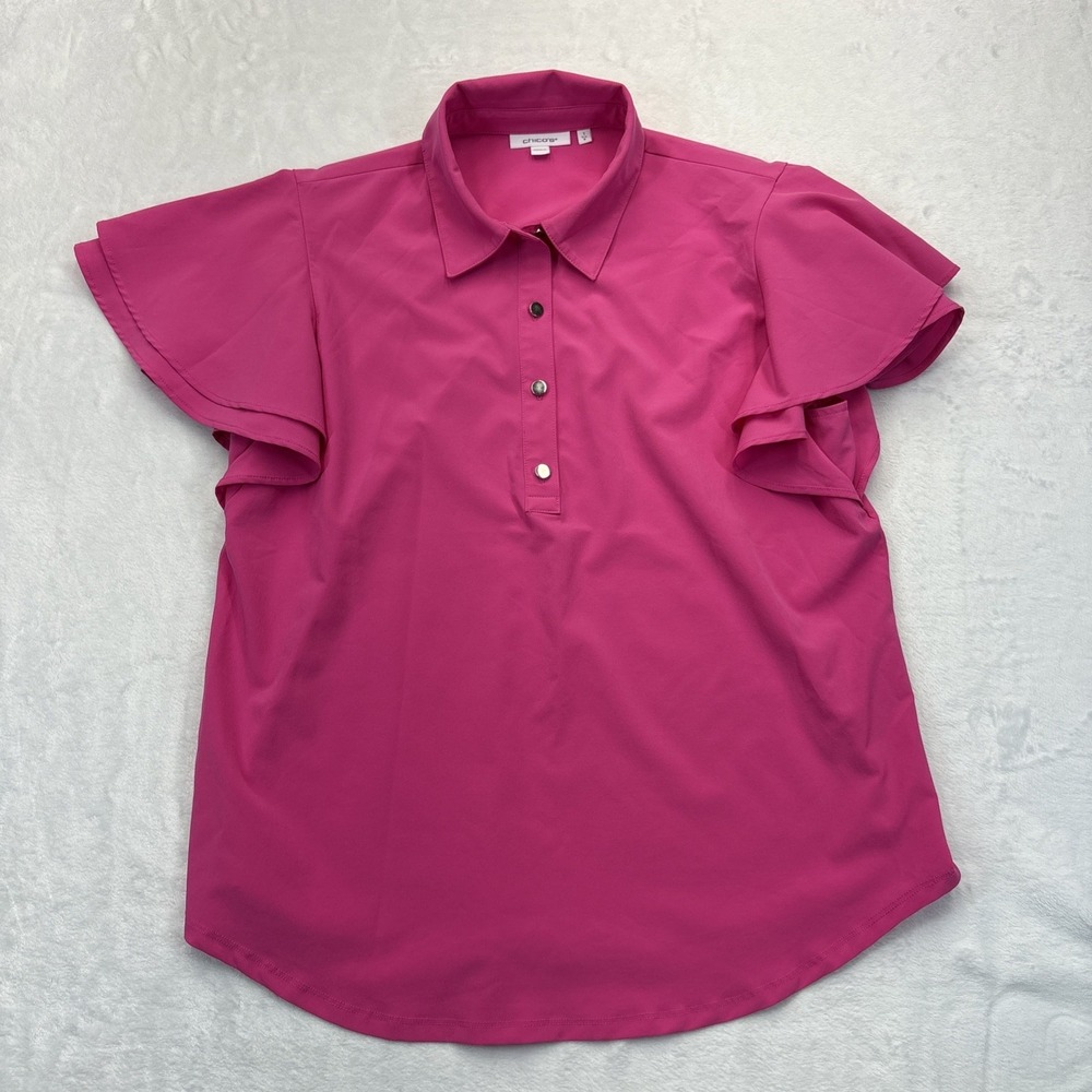Chico's Pink Flutter Sleeve Polo Top Size 1 (8) Chic Everyday Blouse
